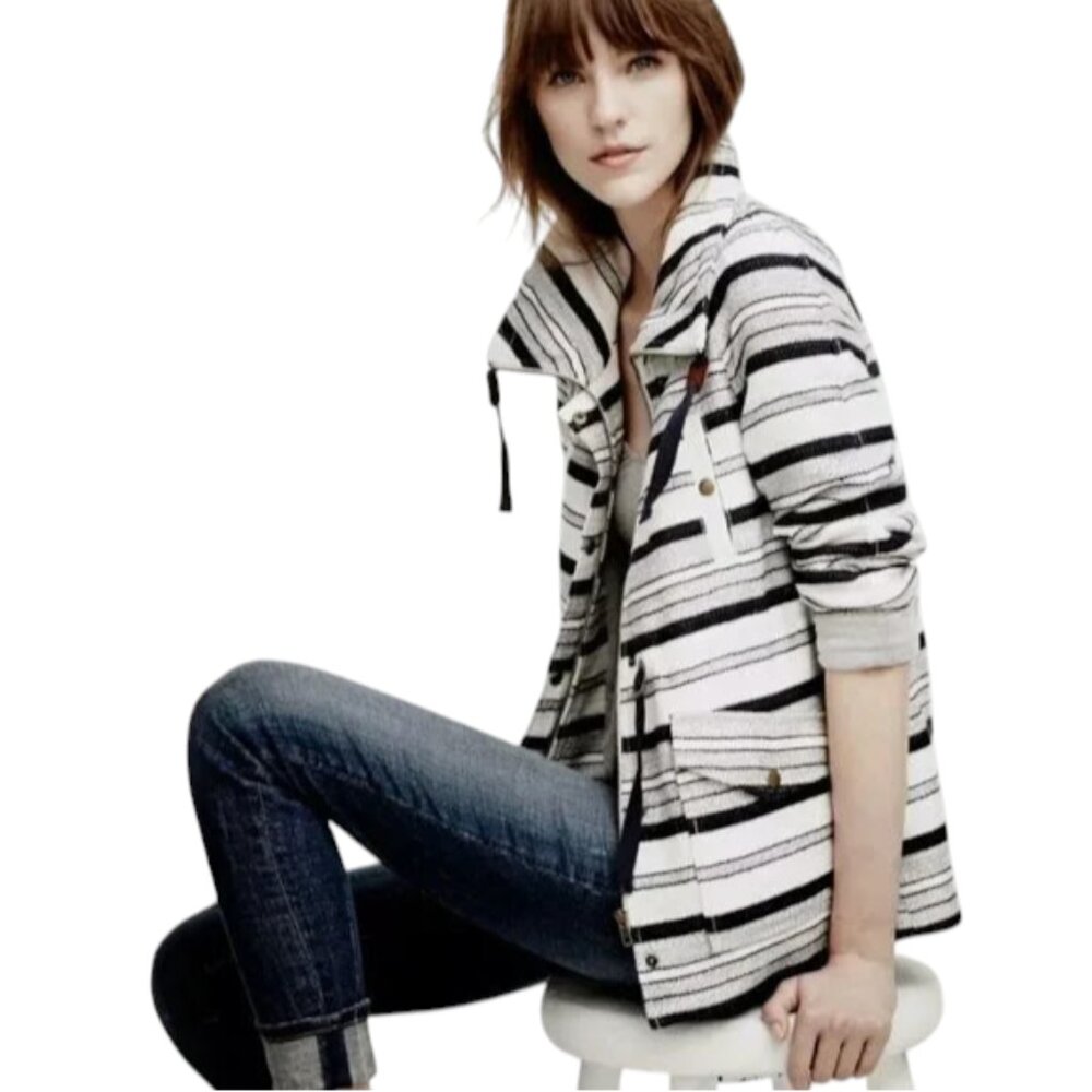 LOFT Petite Navy & White Striped Jersey Jacket with Cinch Waist